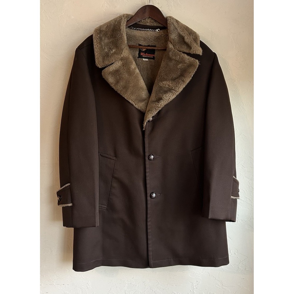 Vintage 1970s Richman Brothers Brown Overcoat 40R Faux Fur‎ Collar Button Up